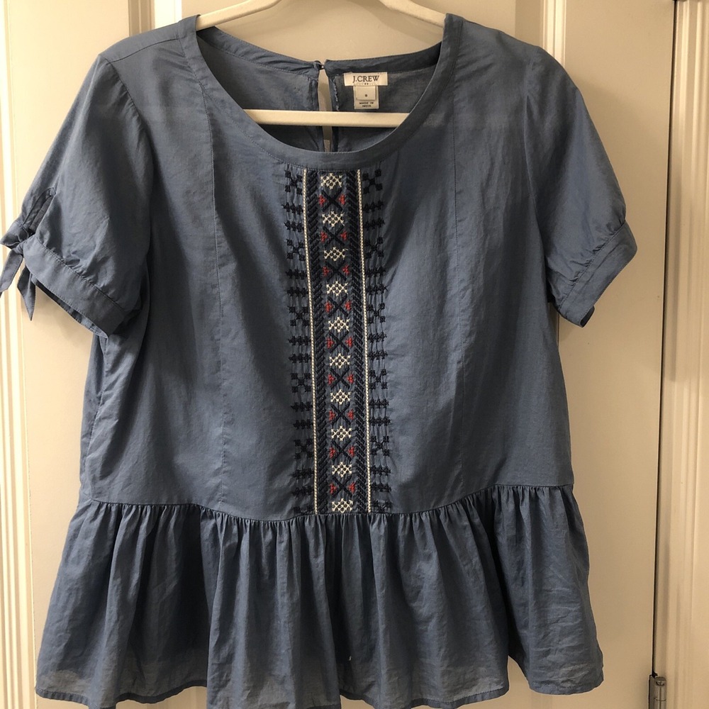 J. Crew Chambray Peasant Embroidered Peplum Blouse Color: Blue Size 8 100%Cotton